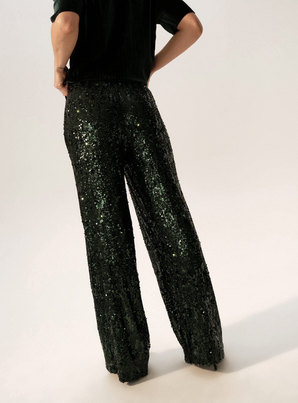 Dark Green Sequin Wide Leg Trousers  10R - Image 5 thumbnail